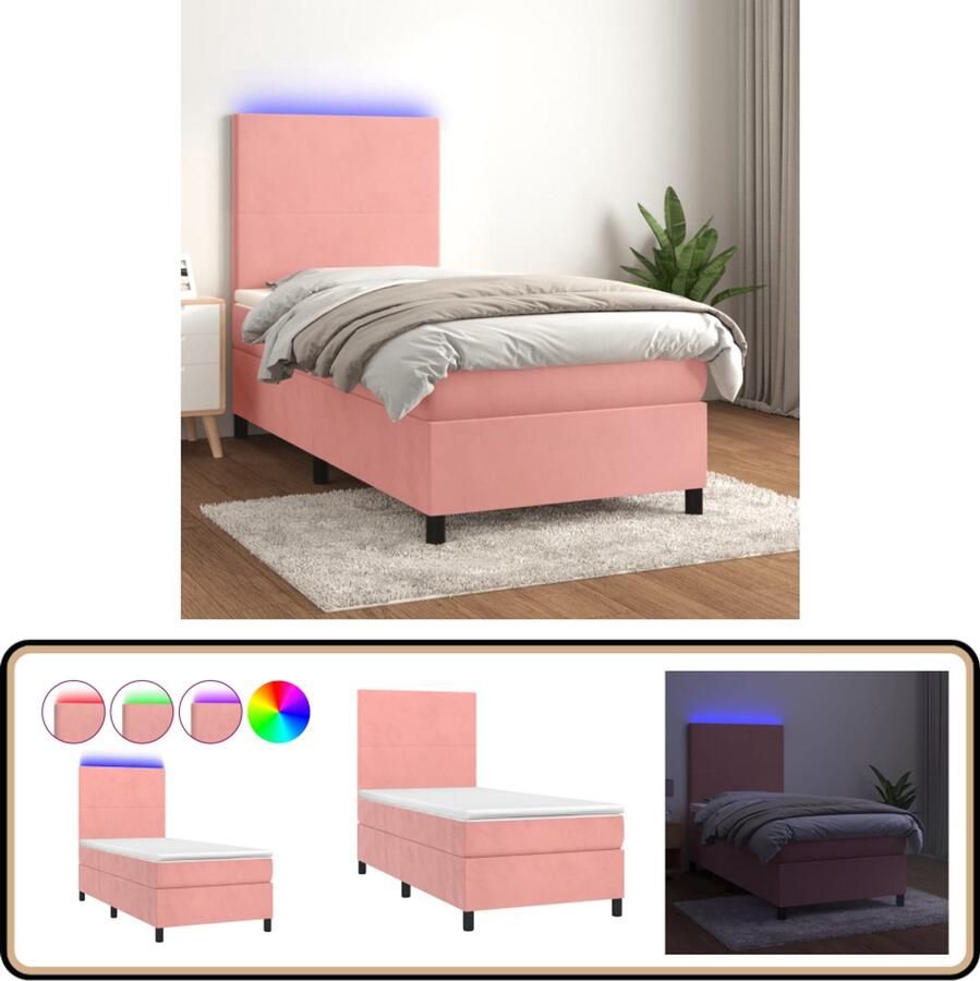 VidaXL Boxspring met Matras en LED Roze 100x200 cm Boxspring Bed Rozenkleurig Bed Velvet Bed Verstelbare Hoofdbord Led Lampje Pocketveer Matras Luxe Bed