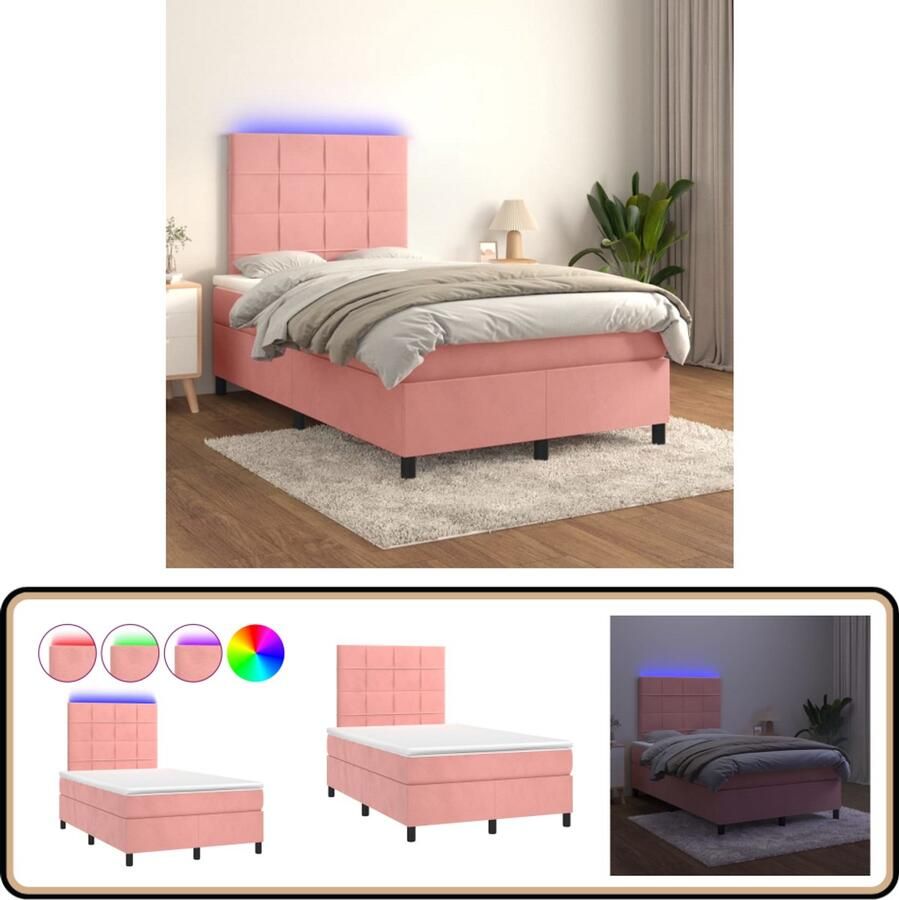 VidaXL Boxspring met Matras en LED Roze 120x200 cm Boxspring Led Bed Velvet Bed Rooskleurig Bed Tweepersoons Bed King Size Bed