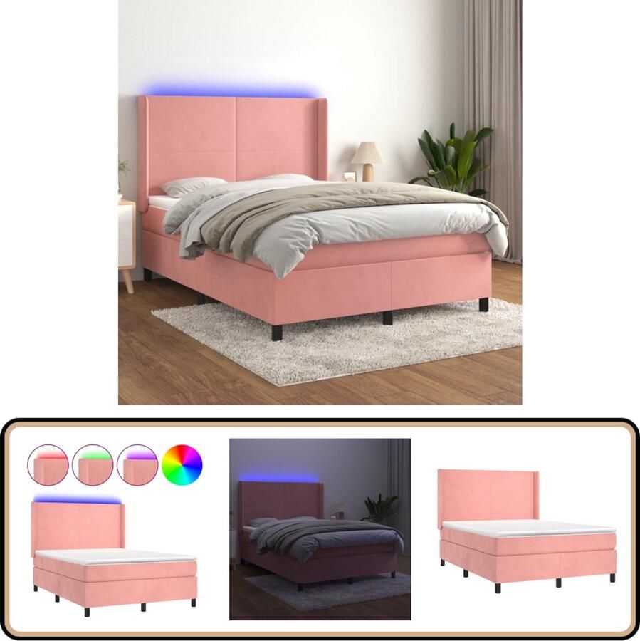 VidaXL Boxspring met matras en LED Roze 140x190 cm Boxspring Fluweel Bed Roze Bed Led Bed King Size Bed Tweepersoonsbed Pocketed Spring Mattress