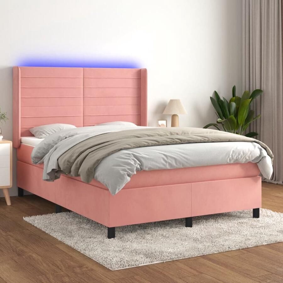 VidaXL Boxspring met matras en LED Roze 140x200 cm Boxspring Fluweel Bed Roze Bed Led Bed King Size Bed Tweepersoonsbed - Foto 2