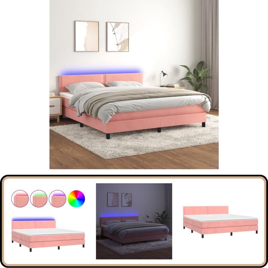 VidaXL Boxspring met matras en LED Roze 180x200 cm Boxspring Fluweel Bed Verstelbare Hoofdbord Led Verlichting Pocketveer Matras Luxe Bed Slaapcomfort