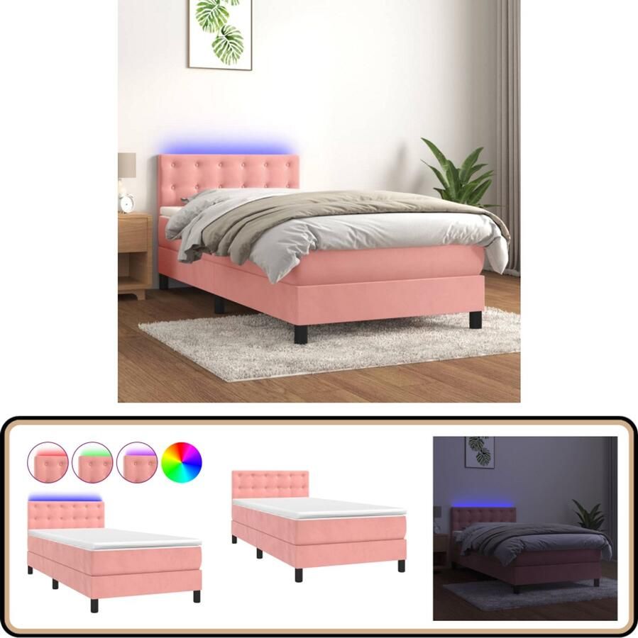 VidaXL Boxspring met matras en LED Roze 90x190 cm Boxspring Rozenkleurig Velvet Tweepersoonsbed Led Lamp