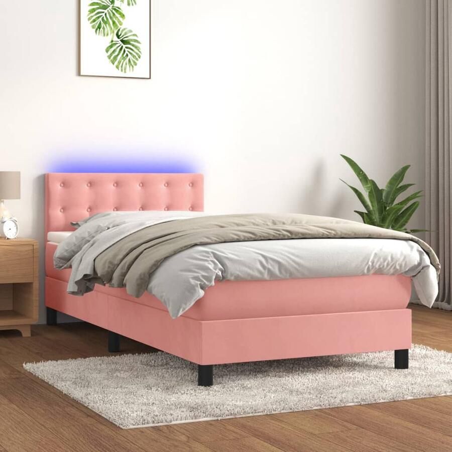 VidaXL Boxspring met matras en LED Roze 90x190 cm Boxspring Rozenkleurig Velvet Tweepersoonsbed Led Lamp - Foto 2