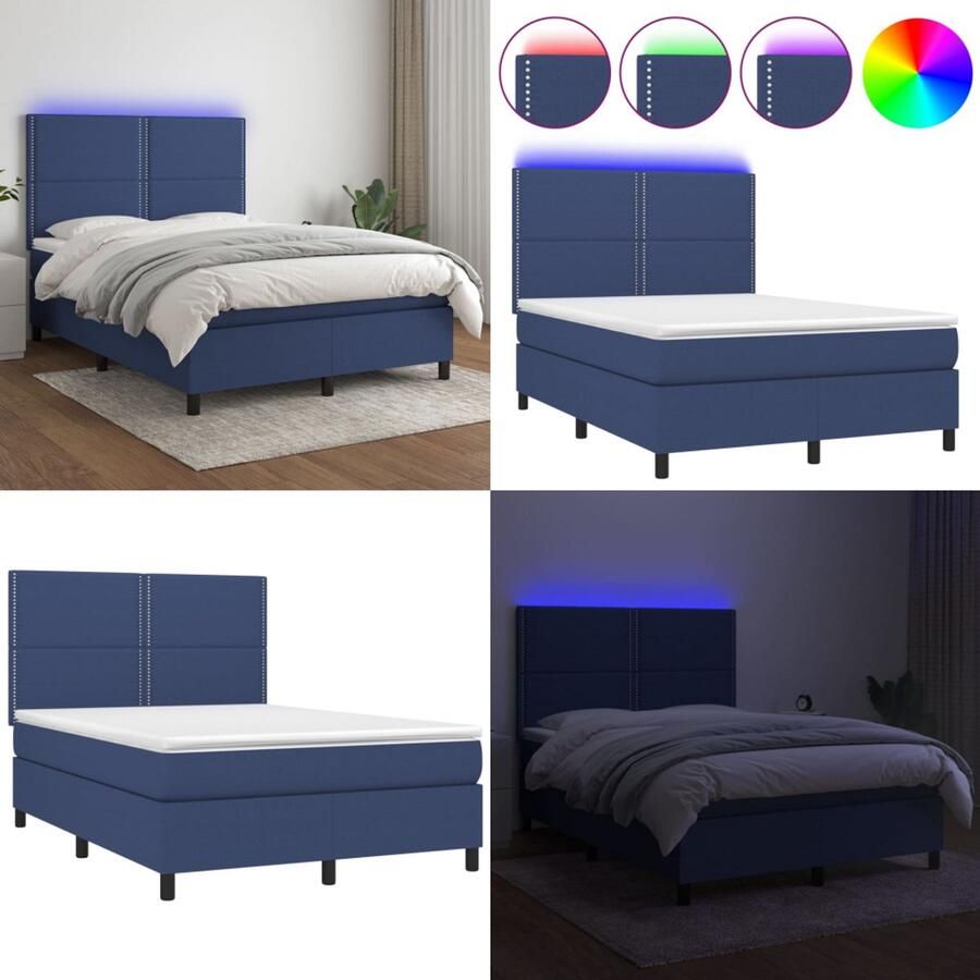 VidaXL Boxspring met matras en LED stof blauw 140x200 cm Boxspring Boxsprings Bed Slaapmeubel