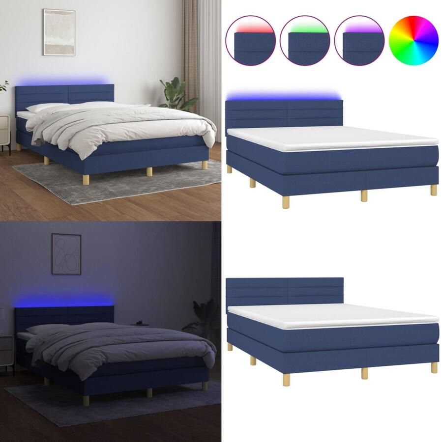 VidaXL Boxspring met matras en LED stof blauw 140x200 cm Boxspring Boxsprings Bed Slaapmeubel