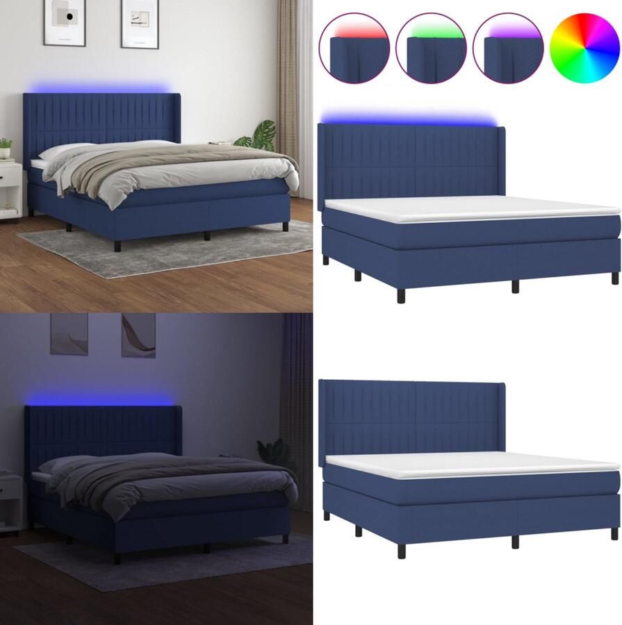 VidaXL Boxspring met matras en LED stof blauw 160x200 cm Boxspring Boxsprings Bed Slaapmeubel