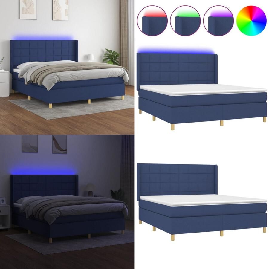 VidaXL Boxspring met matras en LED stof blauw 180x200 cm Boxspring Boxsprings Bed Slaapmeubel