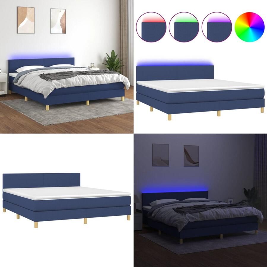 VidaXL Boxspring met matras en LED stof blauw 180x200 cm Boxspring Boxsprings Bed Slaapmeubel