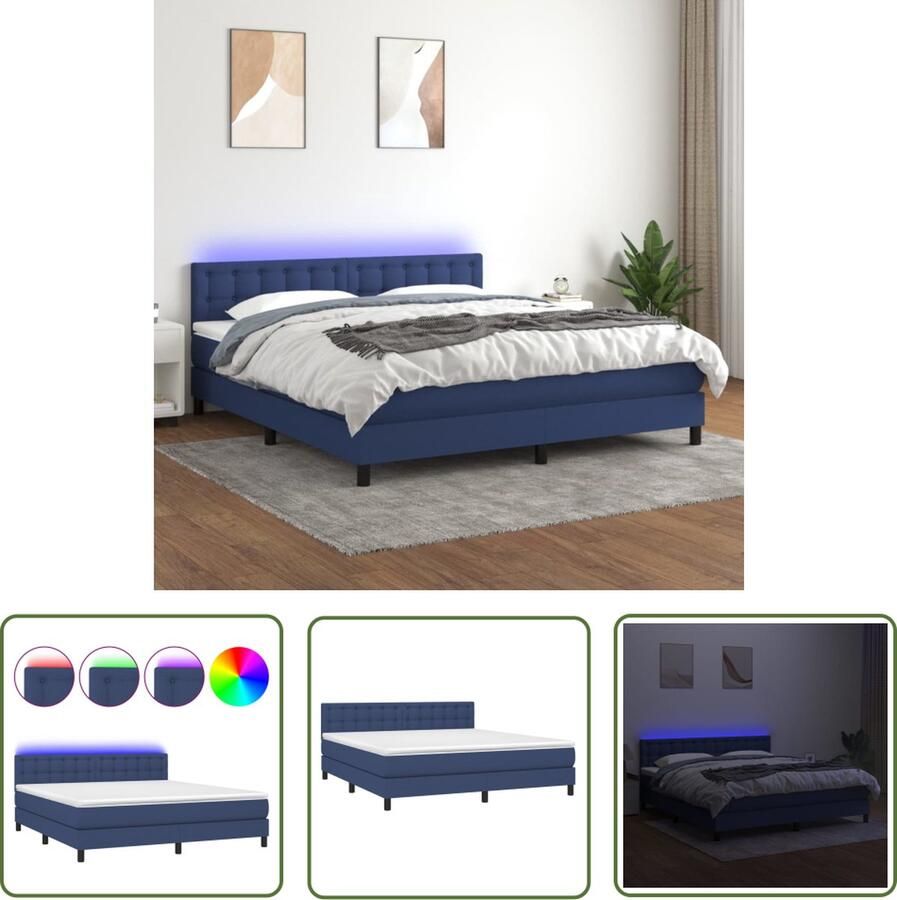 The Living Store Boxspring LED Blauw 180x200 Pocketvering matras Huidvriendelijk topmatras Kleurrijke LED-verlichting Duurzaam materiaal Boxspring Led Bed Boxspring Met Led Slaapcomfort Blue Bedroom Furniture