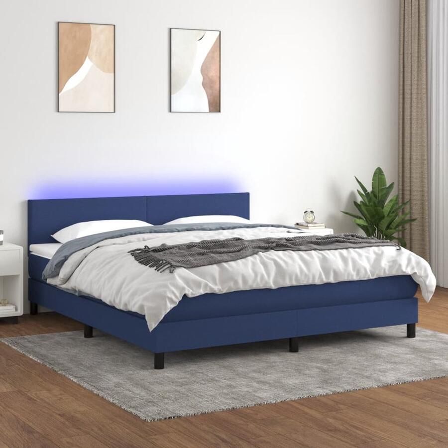 VidaXL Boxspring met matras en LED Stof Blauw 180x200 cm Boxspring Led Lamp Pocketveer Matras Slaapcomfort Blue Bedroom Furniture Tweepersoons Bed - Foto 2