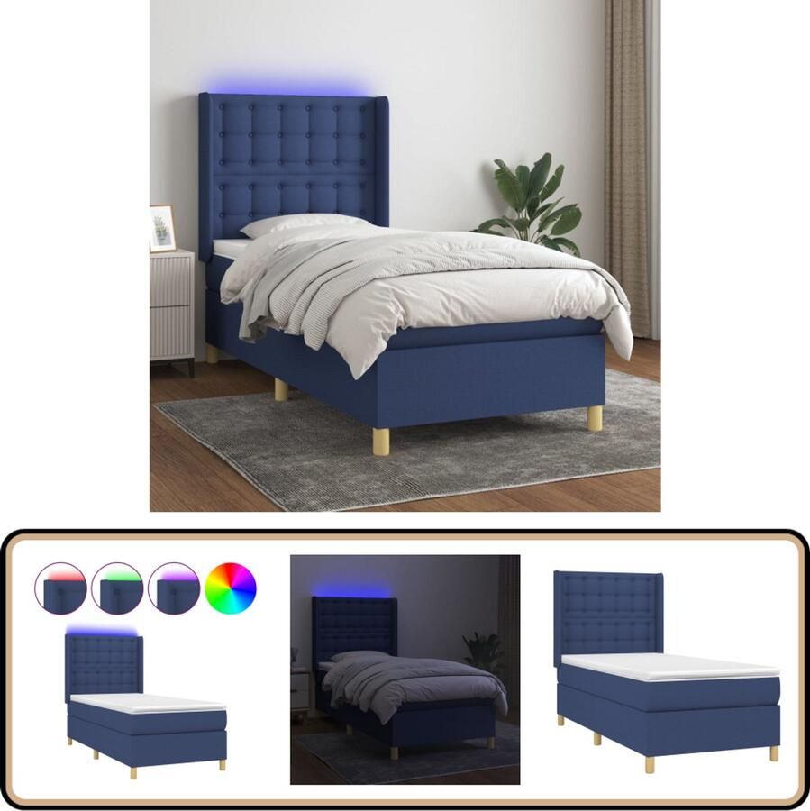 VidaXL Boxspring met LED en Matras Blauw 90x200 cm Boxspring Led Boxspring Met Led Blauwe Boxspring Tweepersoons Boxspring Pocketveer Matras Slaapcomfort Bedroom Decoratie