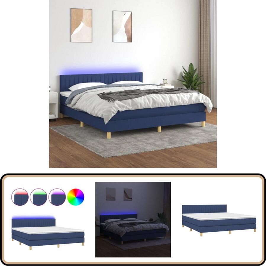 VidaXL Boxspring met matras en LED Stof Blauw Boxspring Led Bed Slaapcomfort Boxspring Frame Tweepersoonsbed Blue Bedroom Furniture Pocketed Spring Mattress