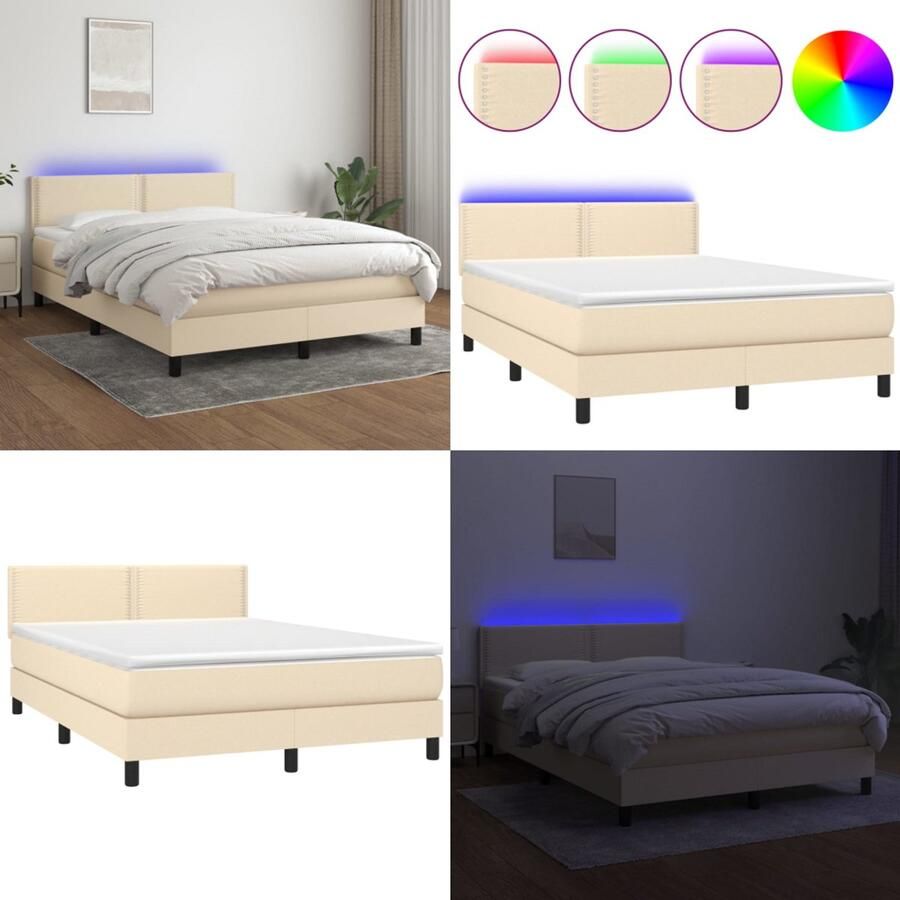 VidaXL Boxspring met matras en LED stof crèmekleurig 140x200 cm Boxspring Boxsprings Bed Slaapmeubel