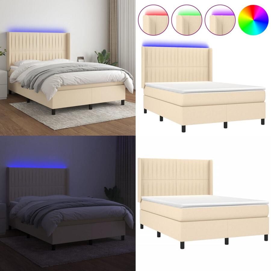 VidaXL Boxspring met matras en LED stof crèmekleurig 140x200 cm Boxspring Boxsprings Bed Slaapmeubel
