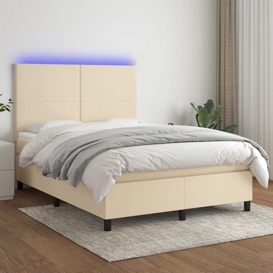 VidaXL Boxspring met matras en LED stof crèmekleurig 140x200 cm Boxspring Boxsprings Bed Slaapmeubel