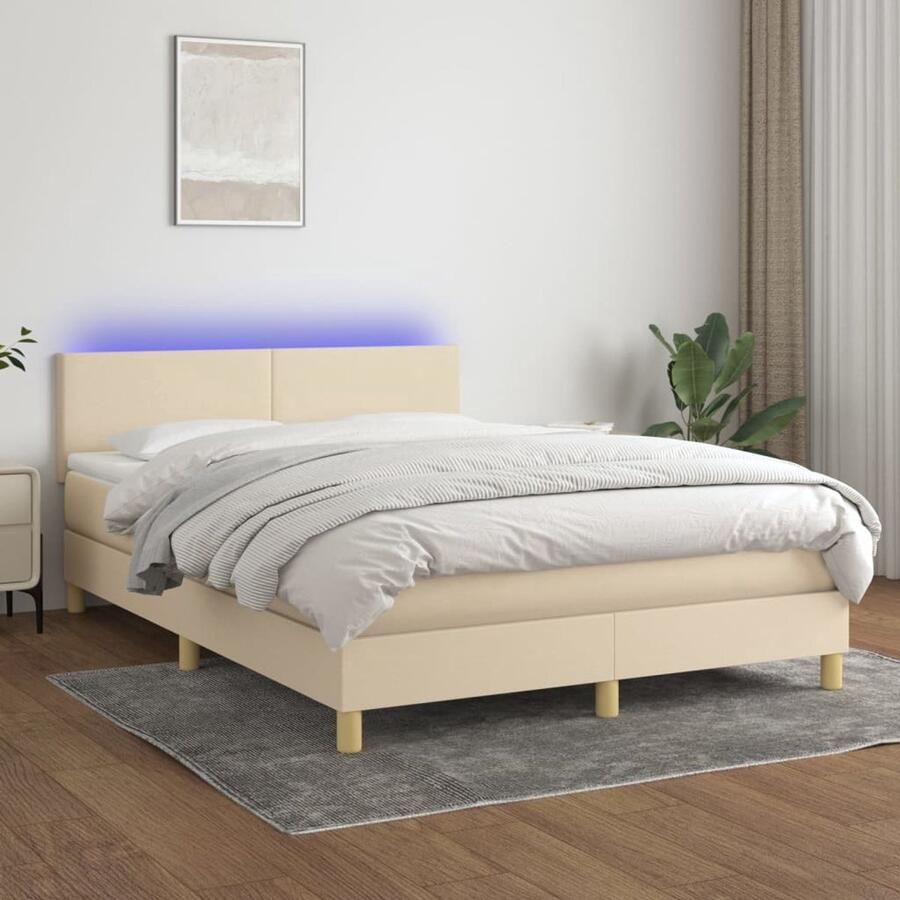 VidaXL Boxspring met matras en LED stof crèmekleurig 140x200 cm Boxspring Boxsprings Bed Slaapmeubel
