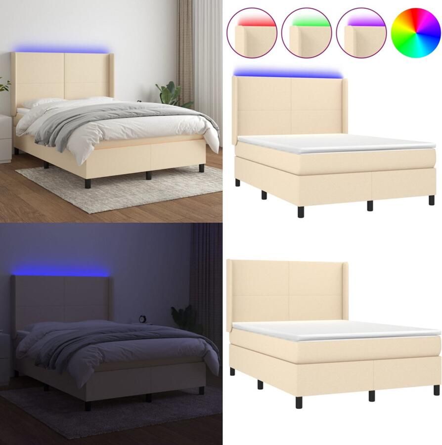 VidaXL Boxspring met matras en LED stof crèmekleurig 140x200 cm Boxspring Boxsprings Bed Slaapmeubel