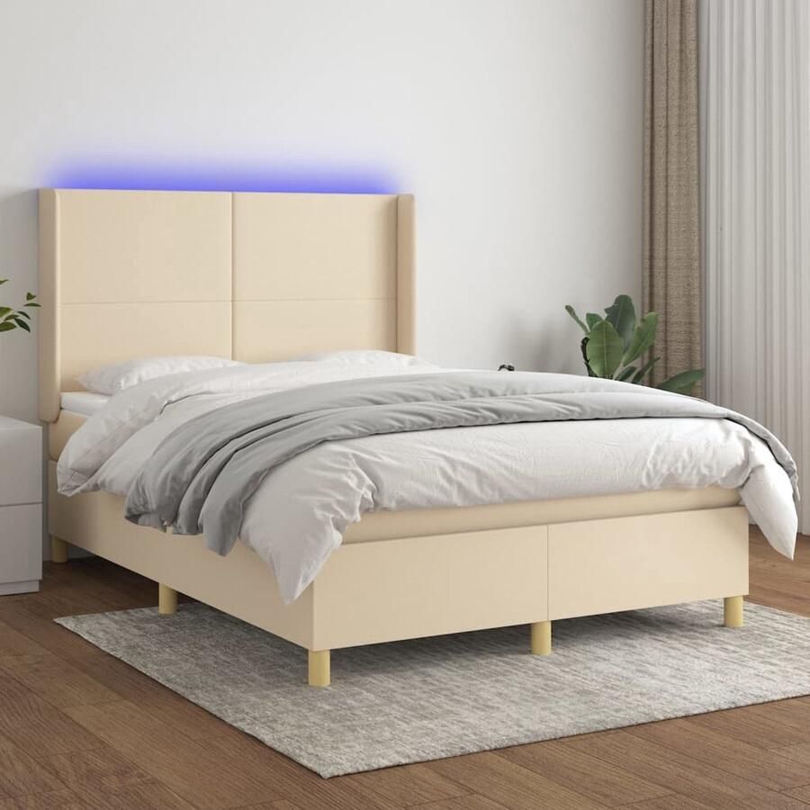 VidaXL Boxspring met matras en LED stof crèmekleurig 140x200 cm Boxspring Boxsprings Bed Slaapmeubel