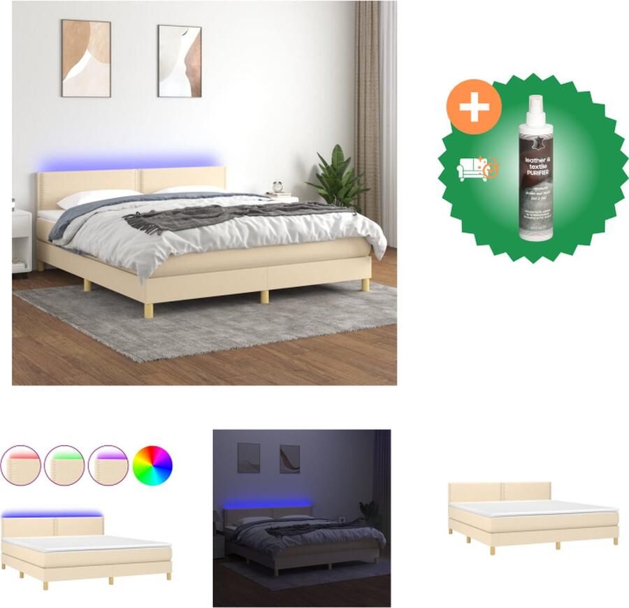 VidaXL Boxspring met matras en LED stof crèmekleurig 160x200 cm Bed Inclusief Reiniger
