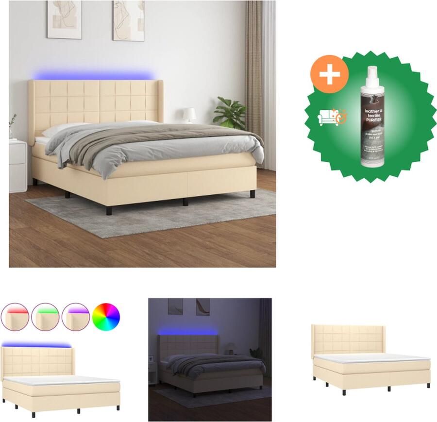 VidaXL Boxspring met matras en LED stof crèmekleurig 160x200 cm Bed Inclusief Reiniger