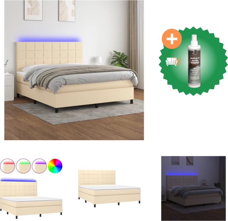 VidaXL Boxspring met matras en LED stof crèmekleurig 160x200 cm Bed Inclusief Reiniger
