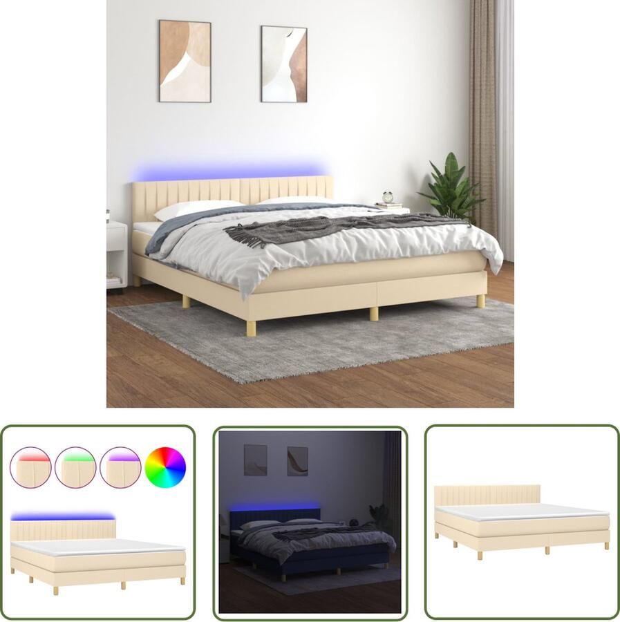 The Living Store Boxspring Crème Bed met Matras en LED 203 x 160 x 78 88 cm Verstelbaar hoofdbord Boxspring Bed Frame Led Lamp Creme Kleurig Slaapcomfort - Foto 3