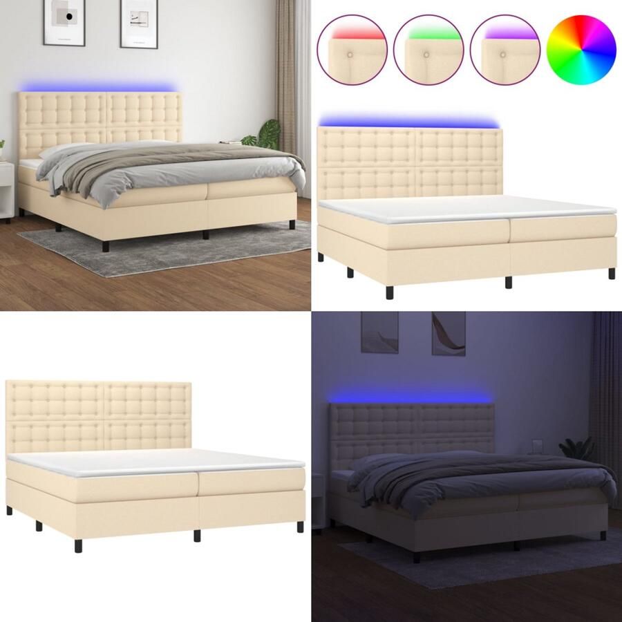 VidaXL Boxspring met matras en LED stof crèmekleurig 200x200 cm Boxspring Boxsprings Bed Slaapmeubel