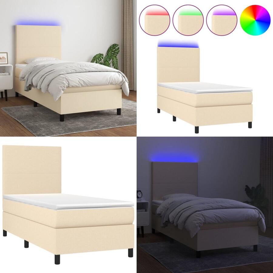 VidaXL Boxspring met matras en LED stof crèmekleurig 90x190 cm Boxspring Boxsprings Bed Slaapmeubel