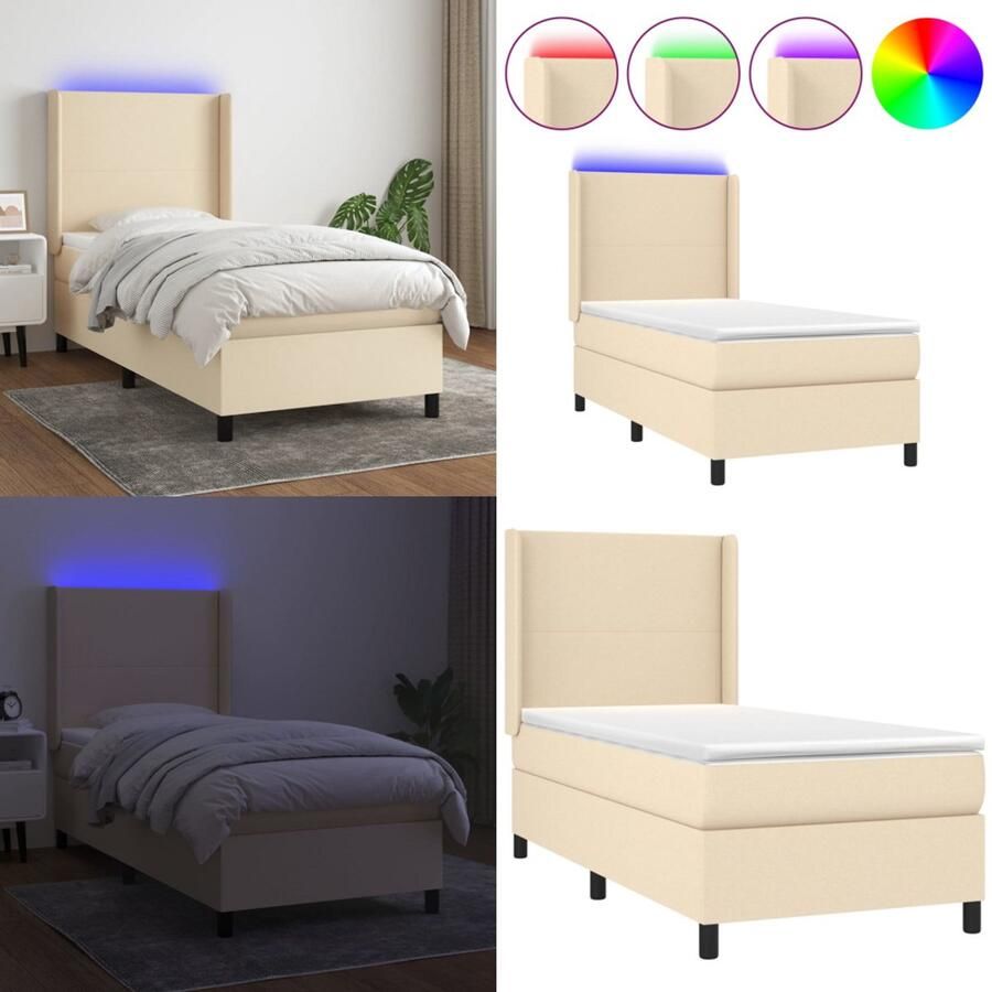 VidaXL Boxspring met matras en LED stof crèmekleurig 90x190 cm Boxspring Boxsprings Bed Slaapmeubel