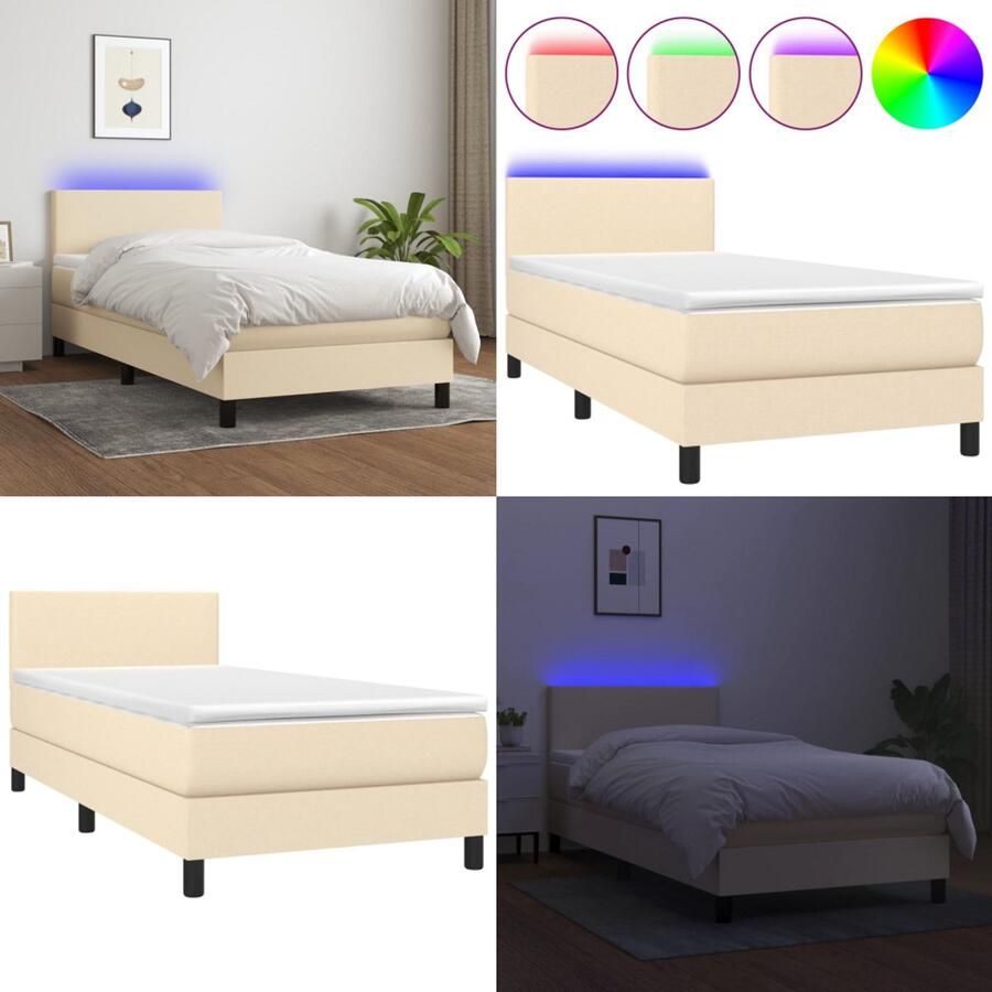 VidaXL Boxspring met matras en LED stof crèmekleurig 90x190 cm Boxspring Boxsprings Bed Slaapmeubel