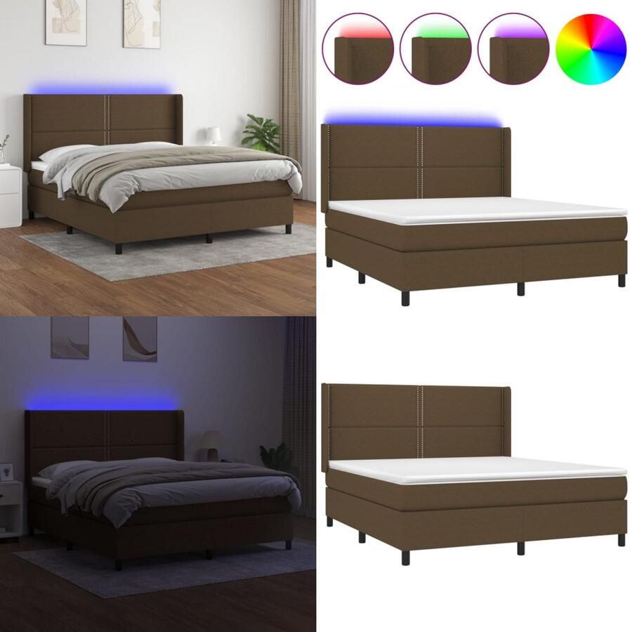VidaXL Boxspring met matras en LED stof donkerbruin 160x200 cm Boxspring Boxsprings Bed Slaapmeubel
