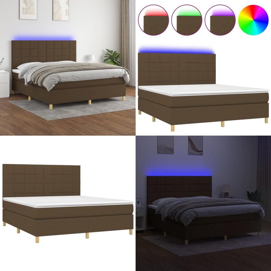 VidaXL Boxspring met matras en LED stof donkerbruin 180x200 cm Boxspring Boxsprings Bed Slaapmeubel