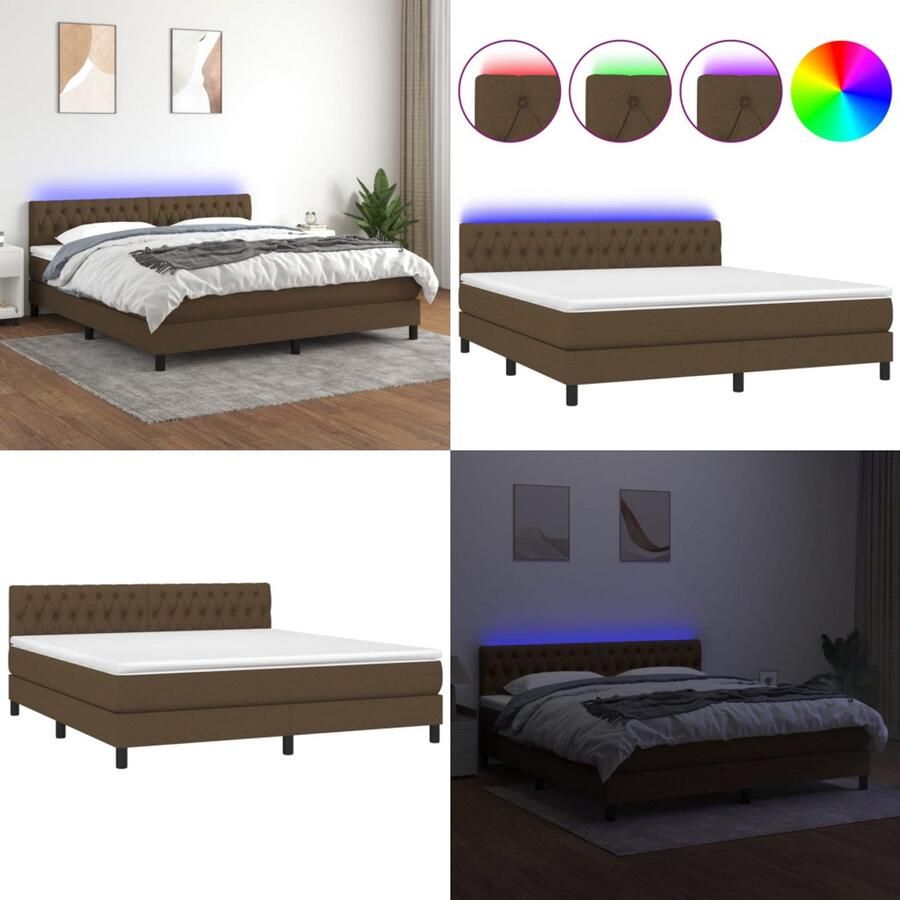 VidaXL Boxspring met matras en LED stof donkerbruin 180x200 cm Boxspring Boxsprings Bed Slaapmeubel