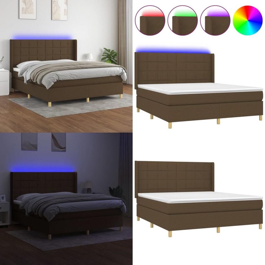 VidaXL Boxspring met matras en LED stof donkerbruin 180x200 cm Boxspring Boxsprings Bed Slaapmeubel