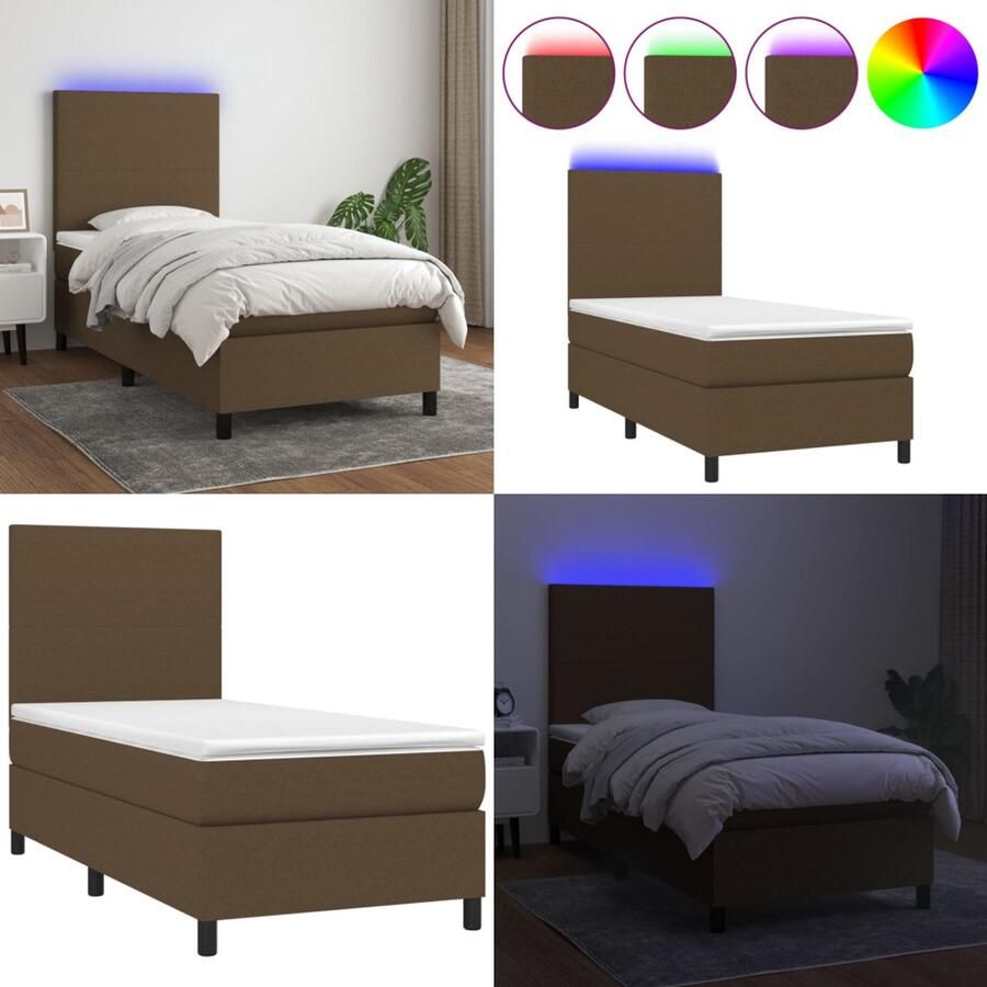 VidaXL Boxspring met matras en LED stof donkerbruin 90x190 cm Boxspring Boxsprings Bed Slaapmeubel