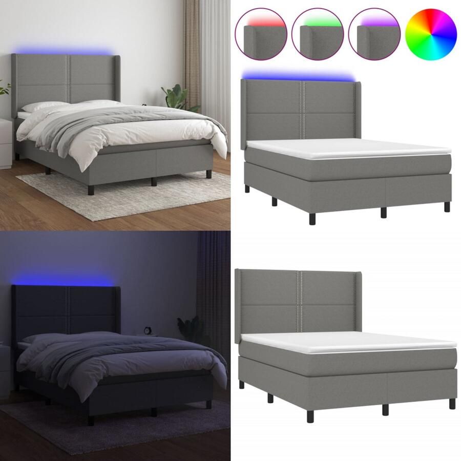 VidaXL Boxspring met matras en LED stof donkergrijs 140x200 cm Boxspring Boxsprings Bed Slaapmeubel