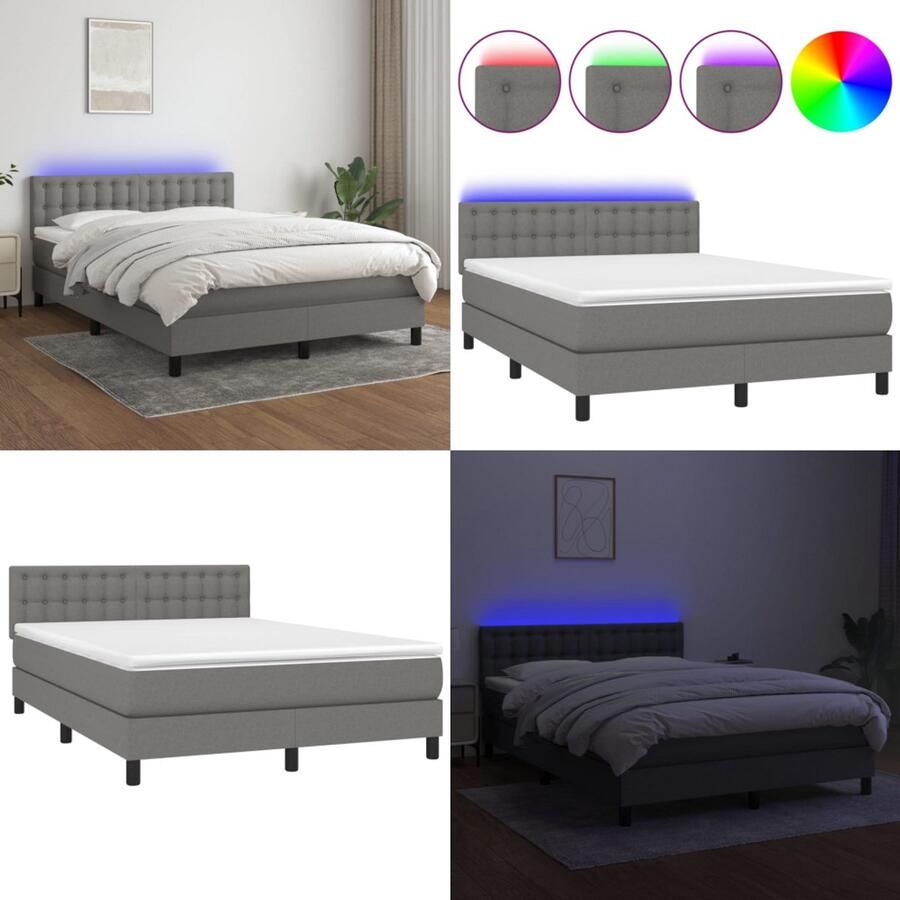 VidaXL Boxspring met matras en LED stof donkergrijs 140x200 cm Boxspring Boxsprings Bed Slaapmeubel