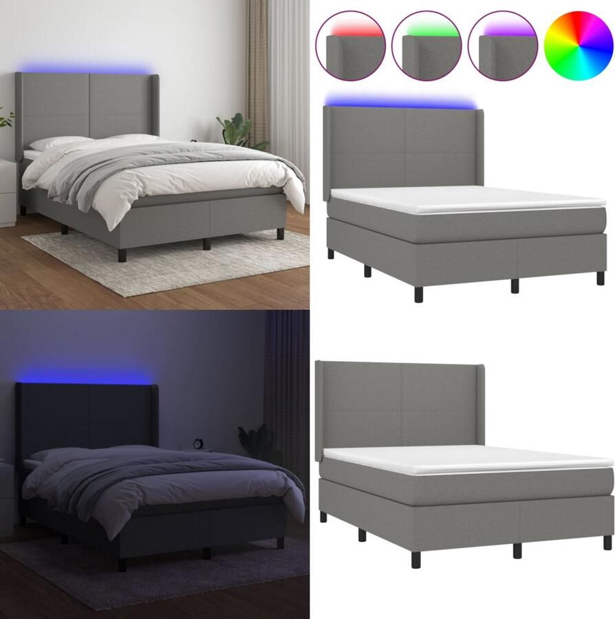 VidaXL Boxspring met matras en LED stof donkergrijs 140x200 cm Boxspring Boxsprings Bed Slaapmeubel