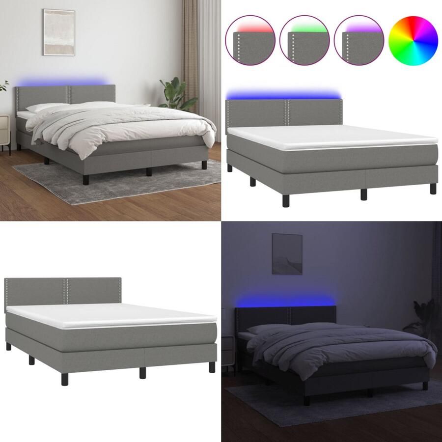VidaXL Boxspring met matras en LED stof donkergrijs 140x200 cm Boxspring Boxsprings Bed Slaapmeubel