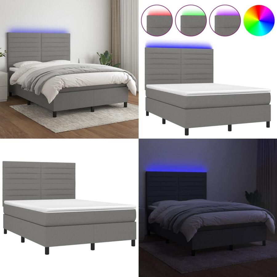 VidaXL Boxspring met matras en LED stof donkergrijs 140x200 cm Boxspring Boxsprings Bed Slaapmeubel