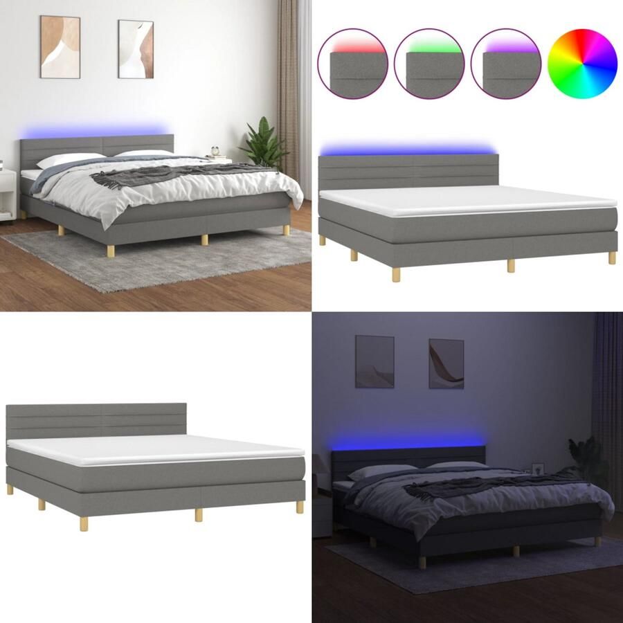VidaXL Boxspring met matras en LED stof donkergrijs 180x200 cm Boxspring Boxsprings Bed Slaapmeubel