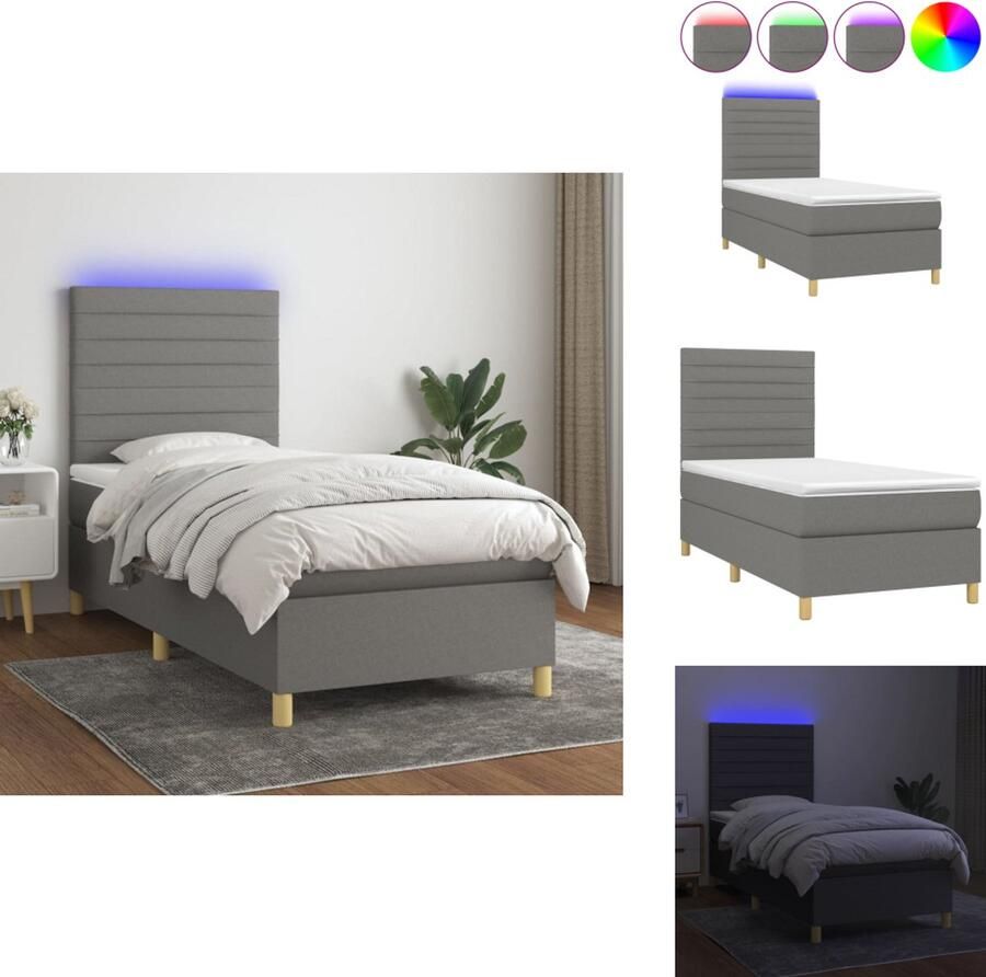 Vida XL Boxspring met matras en LED stof donkergrijs 90x190 cm SKU: V3135318 - Foto 2