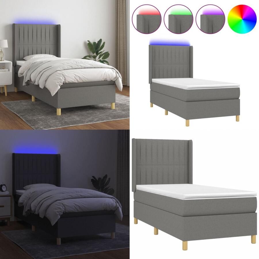 VidaXL Boxspring met matras en LED stof donkergrijs 90x200 cm Boxspring Boxsprings Bed Slaapmeubel