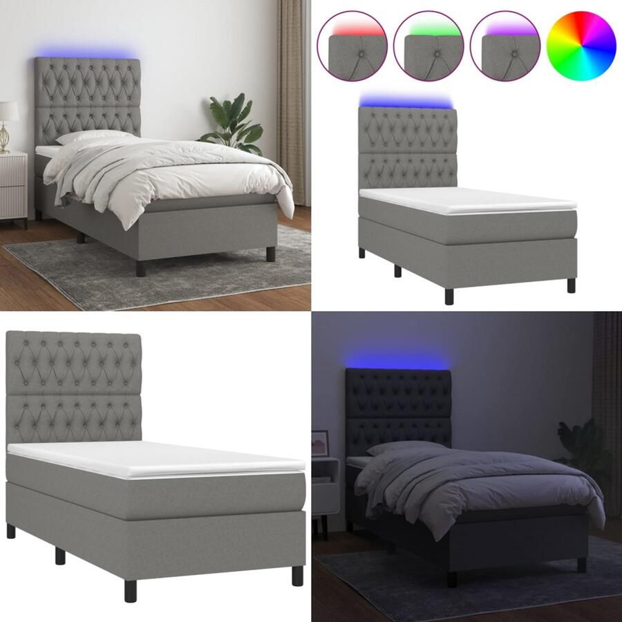 VidaXL Boxspring met matras en LED stof donkergrijs 90x200 cm Boxspring Boxsprings Bed Slaapmeubel
