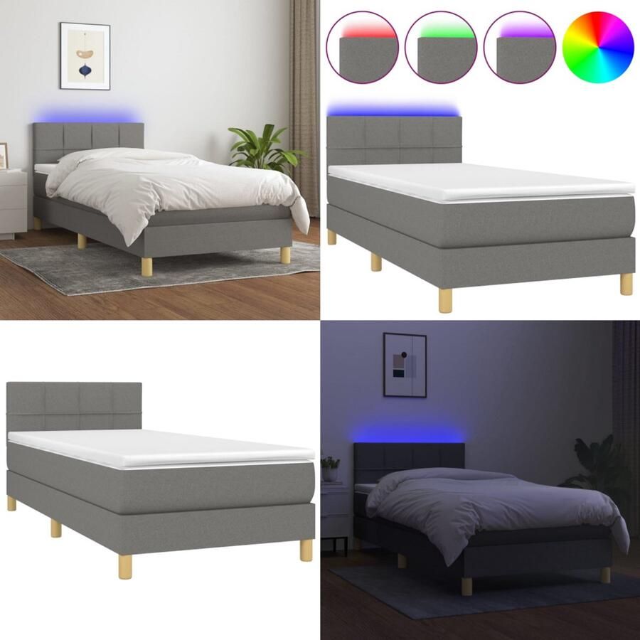 VidaXL Boxspring met matras en LED stof donkergrijs 90x200 cm Boxspring Boxsprings Bed Slaapmeubel