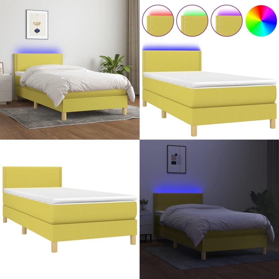 VidaXL Boxspring met matras en LED stof groen 100x200 cm Boxspring Boxsprings Bed Slaapmeubel