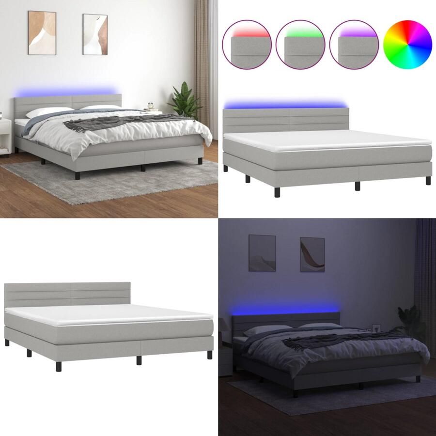 VidaXL Boxspring met matras en LED stof lichtgrijs 160x200 cm Boxspring Boxsprings Bed Slaapmeubel