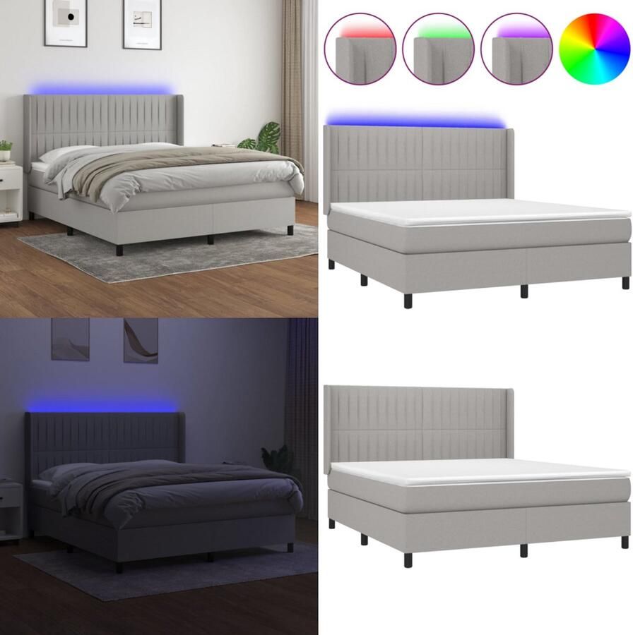VidaXL Boxspring met matras en LED stof lichtgrijs 160x200 cm Boxspring Boxsprings Bed Slaapmeubel
