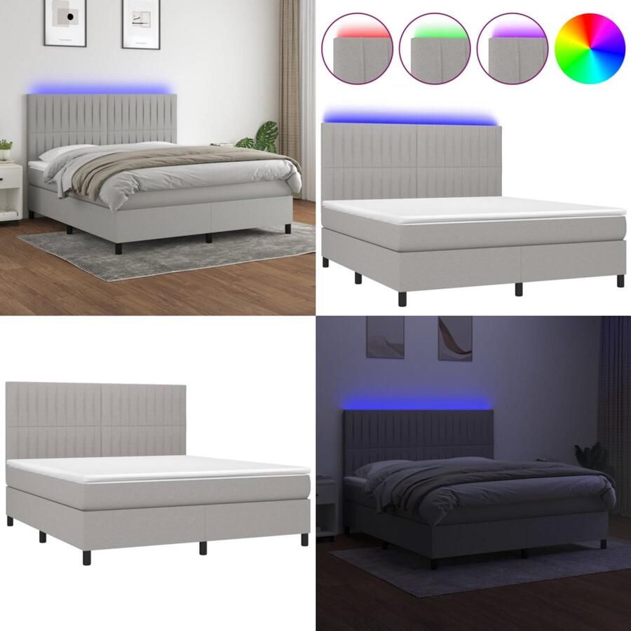 VidaXL Boxspring met matras en LED stof lichtgrijs 160x200 cm Boxspring Boxsprings Bed Slaapmeubel