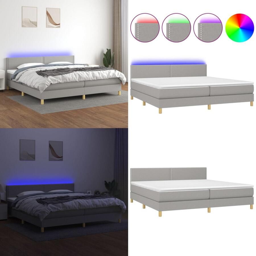 VidaXL Boxspring met matras en LED stof lichtgrijs 200x200 cm Boxspring Boxsprings Bed Slaapmeubel